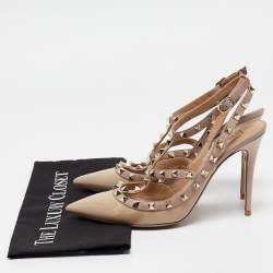 Pre Owned Valentino Beige/Dusty Pink Patent and Leather Rockstud Ankle Strap Pumps Size 40