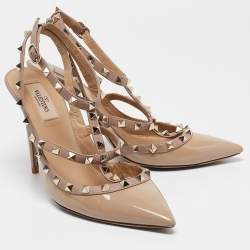 Pre Owned Valentino Beige/Dusty Pink Patent and Leather Rockstud Ankle Strap Pumps Size 40