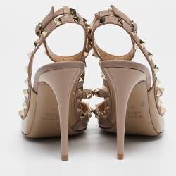 Pre Owned Valentino Beige/Dusty Pink Patent and Leather Rockstud Ankle Strap Pumps Size 40