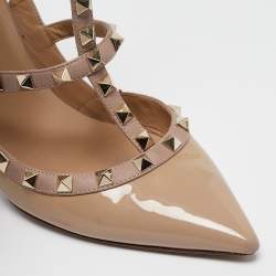 Pre Owned Valentino Beige/Dusty Pink Patent and Leather Rockstud Ankle Strap Pumps Size 40