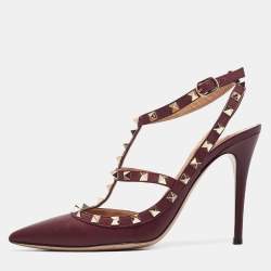 Pre Owned Valentino Burgundy Leather Rockstud Ankle Strap Pumps Size 40