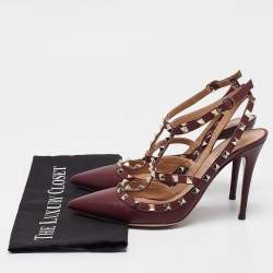 Pre Owned Valentino Burgundy Leather Rockstud Ankle Strap Pumps Size 40