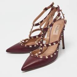 Pre Owned Valentino Burgundy Leather Rockstud Ankle Strap Pumps Size 40