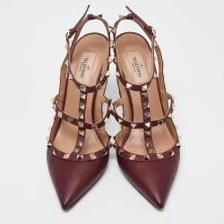 Pre Owned Valentino Burgundy Leather Rockstud Ankle Strap Pumps Size 40