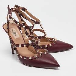 Pre Owned Valentino Burgundy Leather Rockstud Ankle Strap Pumps Size 40