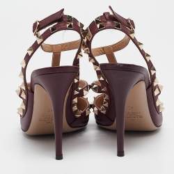 Pre Owned Valentino Burgundy Leather Rockstud Ankle Strap Pumps Size 40
