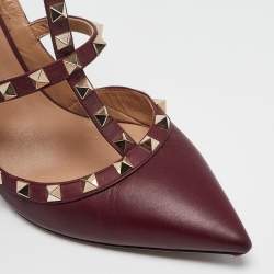Pre Owned Valentino Burgundy Leather Rockstud Ankle Strap Pumps Size 40
