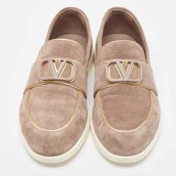 Pre Owned Valentino Grey Suede Logo Slip On Loafers Size 40.5