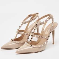 Pre Owned Valentino Beige Patent and Leather Rockstud Pumps Size 37.5 