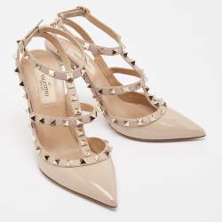 Pre Owned Valentino Beige Patent and Leather Rockstud Pumps Size 37.5 