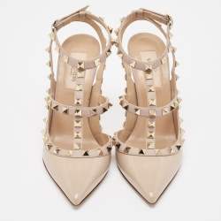 Pre Owned Valentino Beige Patent and Leather Rockstud Pumps Size 37.5 