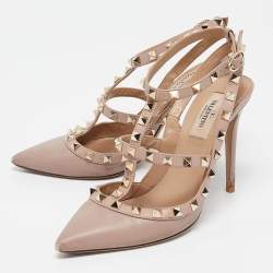 Valentino Beige Leather Rockstud Ankle Strap Pumps Size 37 