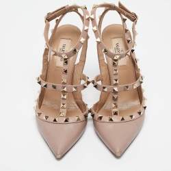 Valentino Beige Leather Rockstud Ankle Strap Pumps Size 37 