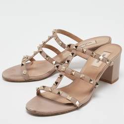 Pre Owned Valentino Dusty Pink Leather Rockstud Slide Sandals Size 39