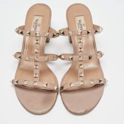 Pre Owned Valentino Dusty Pink Leather Rockstud Slide Sandals Size 39