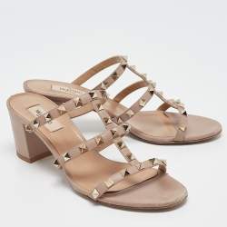 Pre Owned Valentino Dusty Pink Leather Rockstud Slide Sandals Size 39