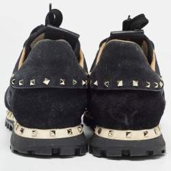 Pre Owned Valentino Black Suede and Camouflage Fabric Rockstud Low Top Sneakers Size 40