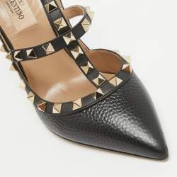 Pre Owned Valentino Black Leather Rockstud Ankle Strap Pumps Size 37
