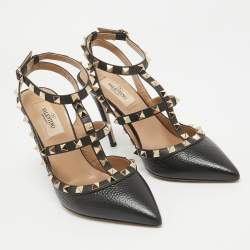 Pre Owned Valentino Black Leather Rockstud Ankle Strap Pumps Size 37