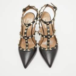 Pre Owned Valentino Black Leather Rockstud Ankle Strap Pumps Size 37