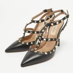 Pre Owned Valentino Black Leather Rockstud Ankle Strap Pumps Size 37