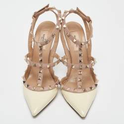 Valentino Cream/Beige Leather and Patent Rockstud Pumps Size 38