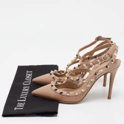 Pre Owned Valentino Beige Leather Rockstud Ankle Strap Pumps Size 38  