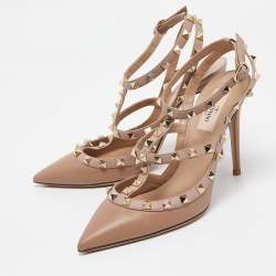 Pre Owned Valentino Beige Leather Rockstud Ankle Strap Pumps Size 38  