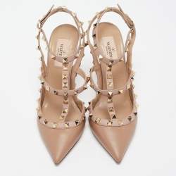 Pre Owned Valentino Beige Leather Rockstud Ankle Strap Pumps Size 38  