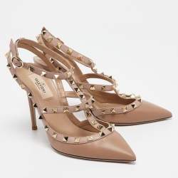 Pre Owned Valentino Beige Leather Rockstud Ankle Strap Pumps Size 38  