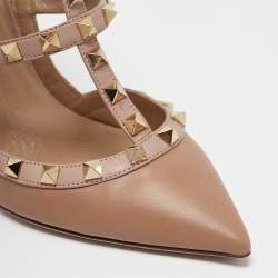 Pre Owned Valentino Beige Leather Rockstud Ankle Strap Pumps Size 38  