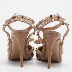 Pre Owned Valentino Beige Leather Rockstud Ankle Strap Pumps Size 38  