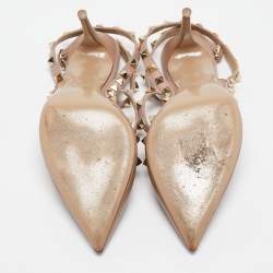 Pre Owned Valentino Beige Leather Rockstud Ankle Strap Pumps Size 38  