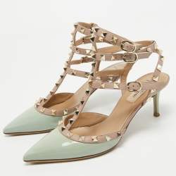 Pre Owned Valentino Beige/Grey Patent Leather Rockstud Strappy Pointed Toe Pumps Size 38