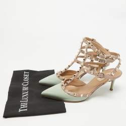 Pre Owned Valentino Beige/Grey Patent Leather Rockstud Strappy Pointed Toe Pumps Size 38