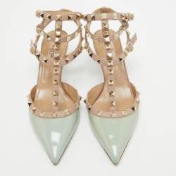 Pre Owned Valentino Beige/Grey Patent Leather Rockstud Strappy Pointed Toe Pumps Size 38