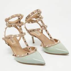 Pre Owned Valentino Beige/Grey Patent Leather Rockstud Strappy Pointed Toe Pumps Size 38