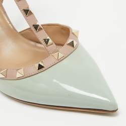 Pre Owned Valentino Beige/Grey Patent Leather Rockstud Strappy Pointed Toe Pumps Size 38