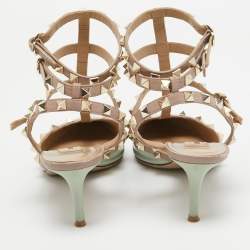 Pre Owned Valentino Beige/Grey Patent Leather Rockstud Strappy Pointed Toe Pumps Size 38