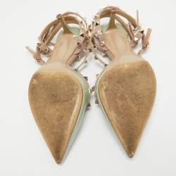 Pre Owned Valentino Beige/Grey Patent Leather Rockstud Strappy Pointed Toe Pumps Size 38