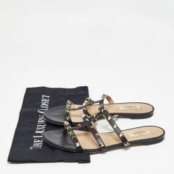 Valentino Black Leather Rockstud Flat Slides Size 38.5