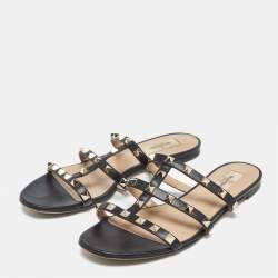 Valentino Black Leather Rockstud Flat Slides Size 38.5