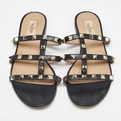 Valentino Black Leather Rockstud Flat Slides Size 38.5