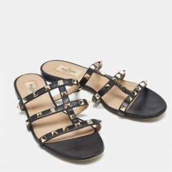 Valentino Black Leather Rockstud Flat Slides Size 38.5