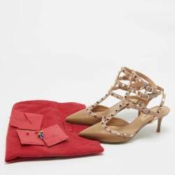 Pre Owned Valentino Light Brown/Pink Leather Rockstud Ankle Strap Pumps Size 36