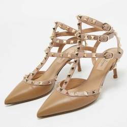 Pre Owned Valentino Light Brown/Pink Leather Rockstud Ankle Strap Pumps Size 36