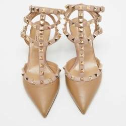 Pre Owned Valentino Light Brown/Pink Leather Rockstud Ankle Strap Pumps Size 36