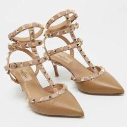 Pre Owned Valentino Light Brown/Pink Leather Rockstud Ankle Strap Pumps Size 36