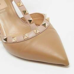 Pre Owned Valentino Light Brown/Pink Leather Rockstud Ankle Strap Pumps Size 36