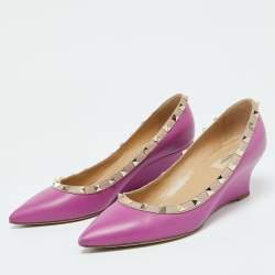 Pre Owned Valentino Pink Leather Rockstud Wedge Pumps Size 39.5